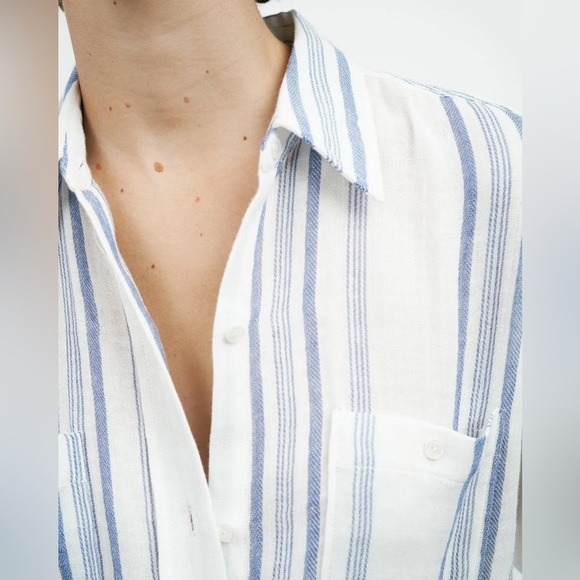 Nili Lotan Striped Kaya Button-Up Shirt in Blue & White Stripe - Picture 3 of 13